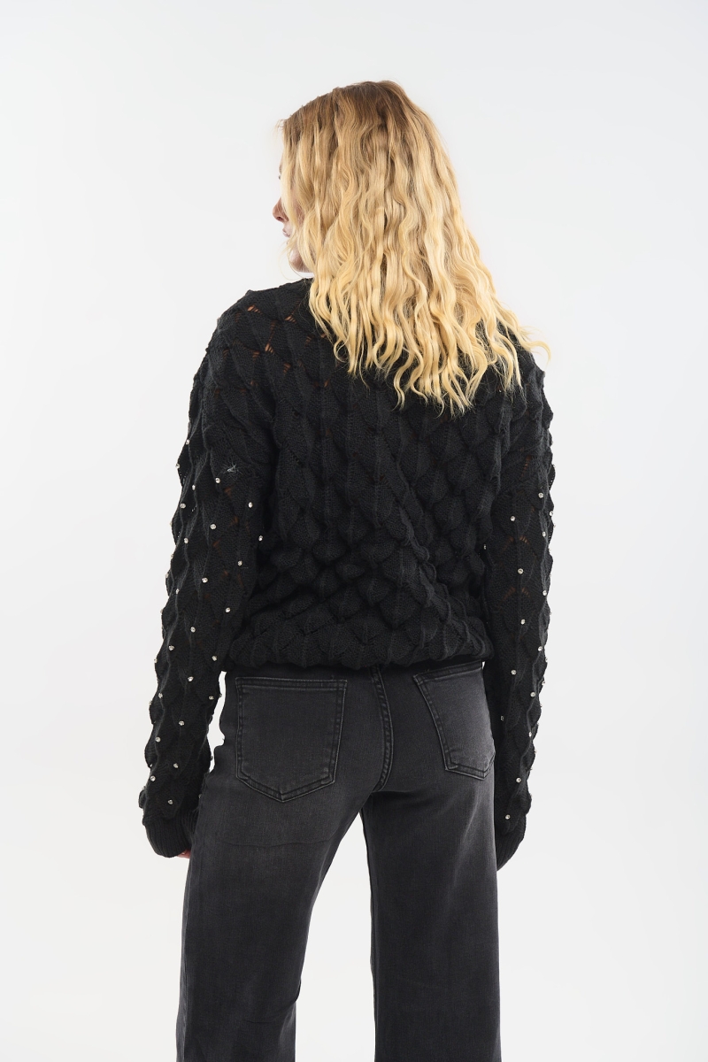 Textured Knit Sweater with Strass & High Neck – Chic & Elegant