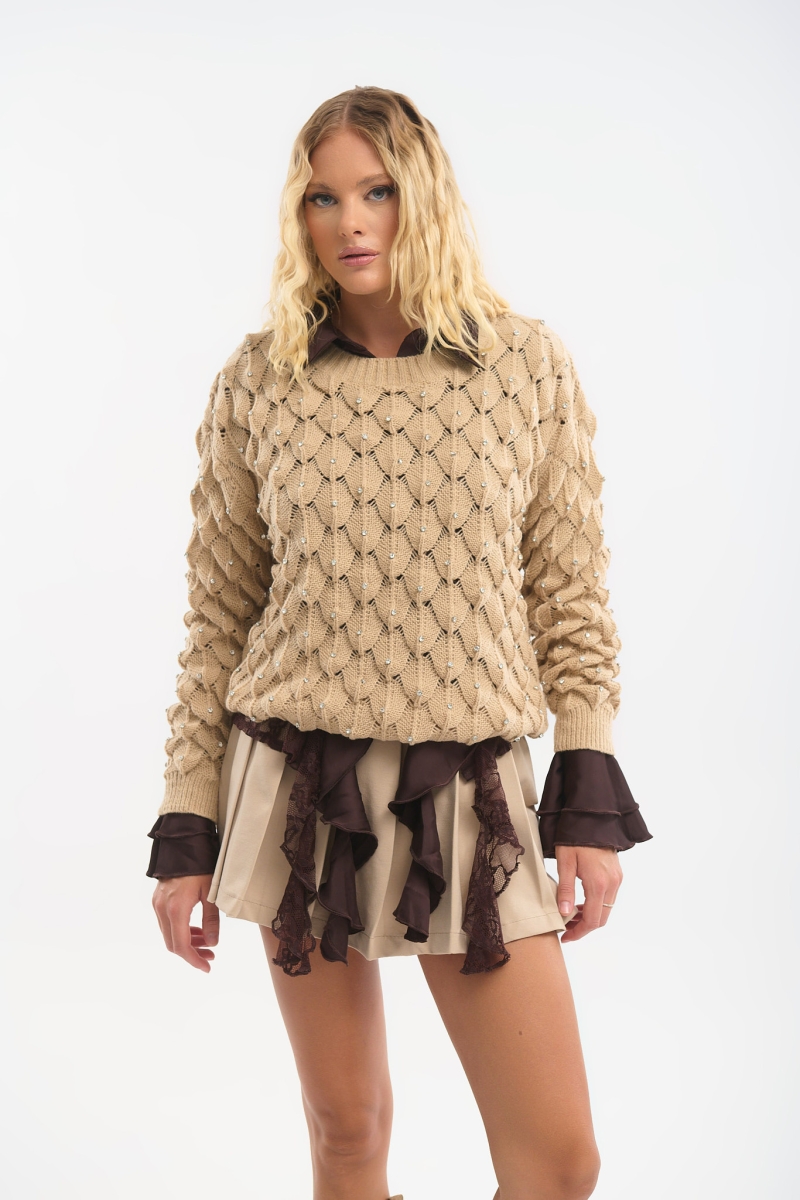Textured Knit Sweater with Strass & High Neck – Chic & Elegant