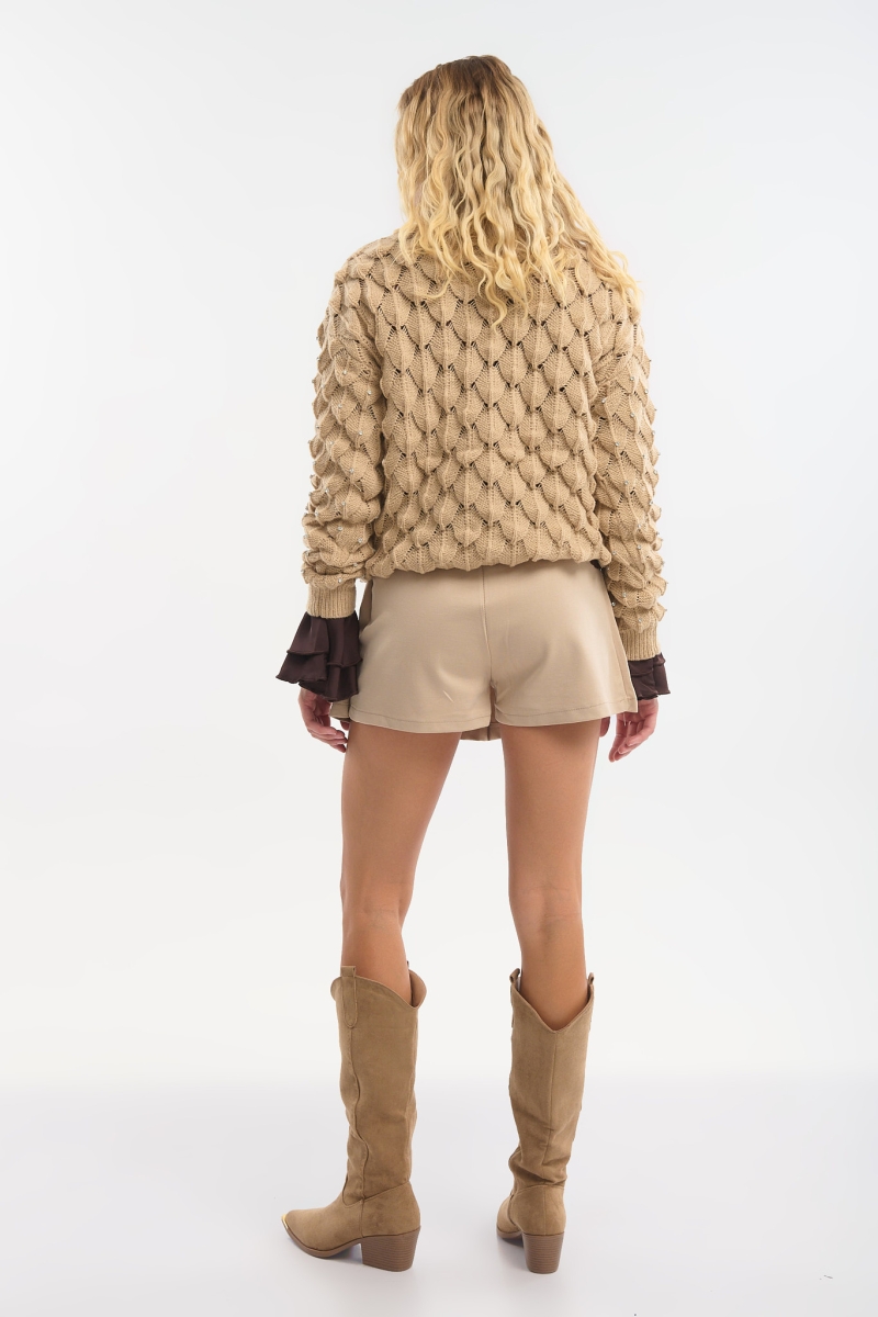Textured Knit Sweater with Strass & High Neck – Chic & Elegant
