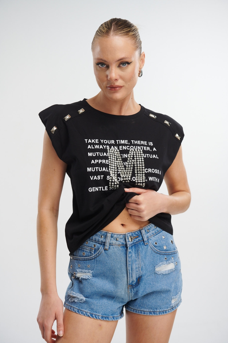 Metal Decorated Shoulder T-Shirt