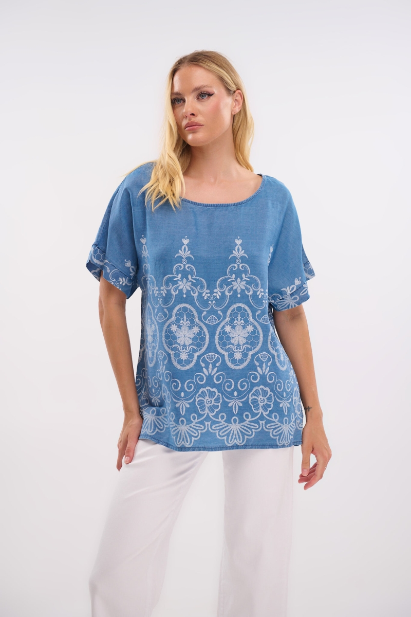 Denim-Style Embroidered Top – Casual & Stylish