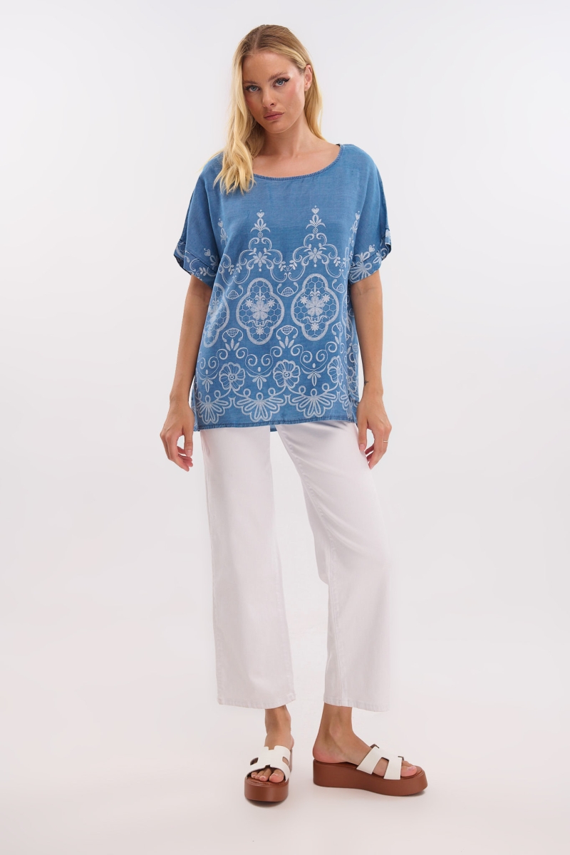 Denim-Style Embroidered Top – Casual & Stylish