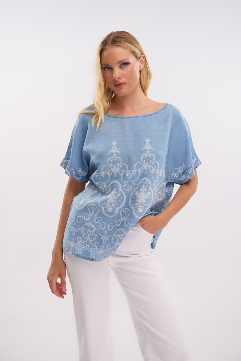 Denim-Style Embroidered Top – Casual & Stylish