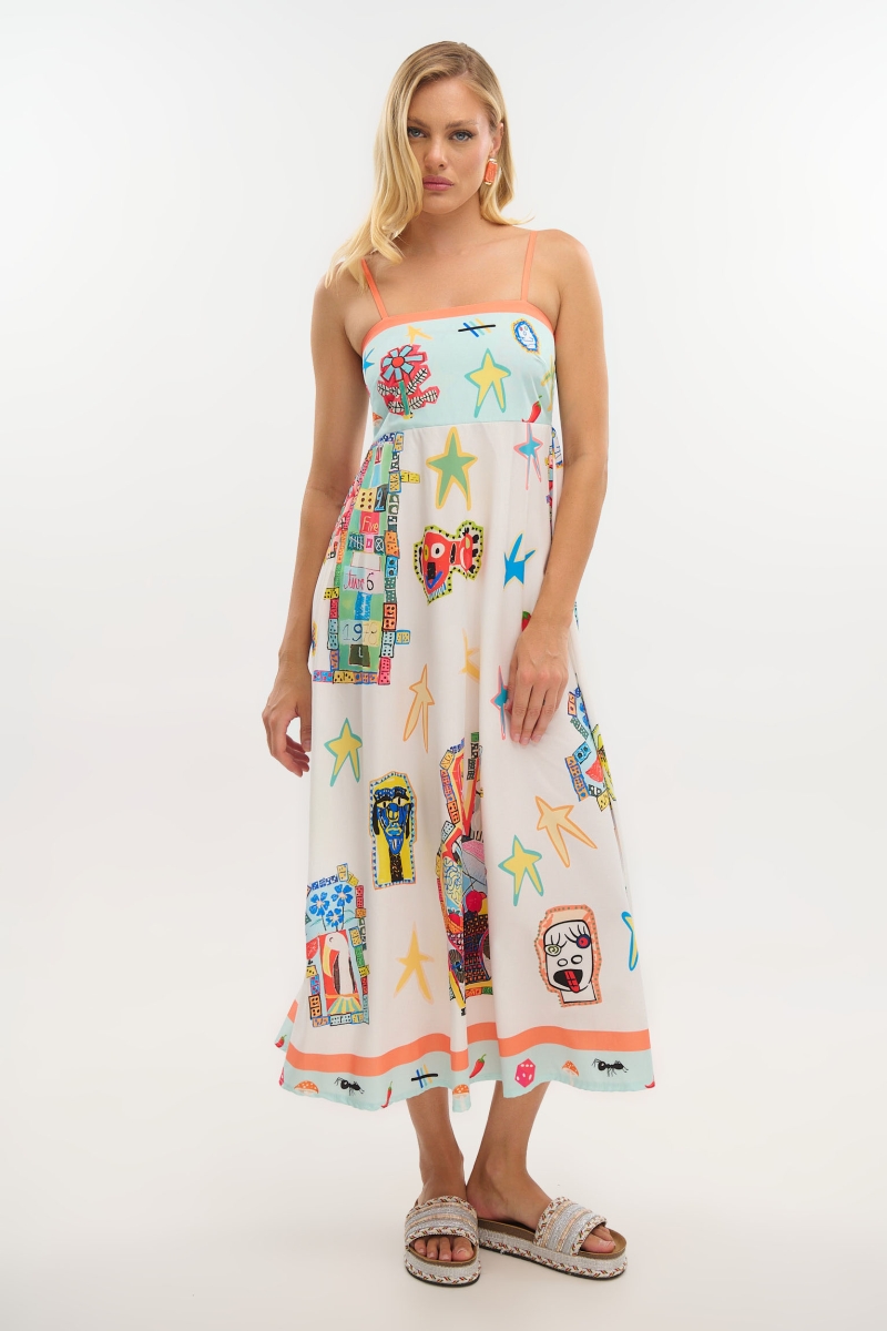 Colorful Printed Midi Dress with A-Line Skirt