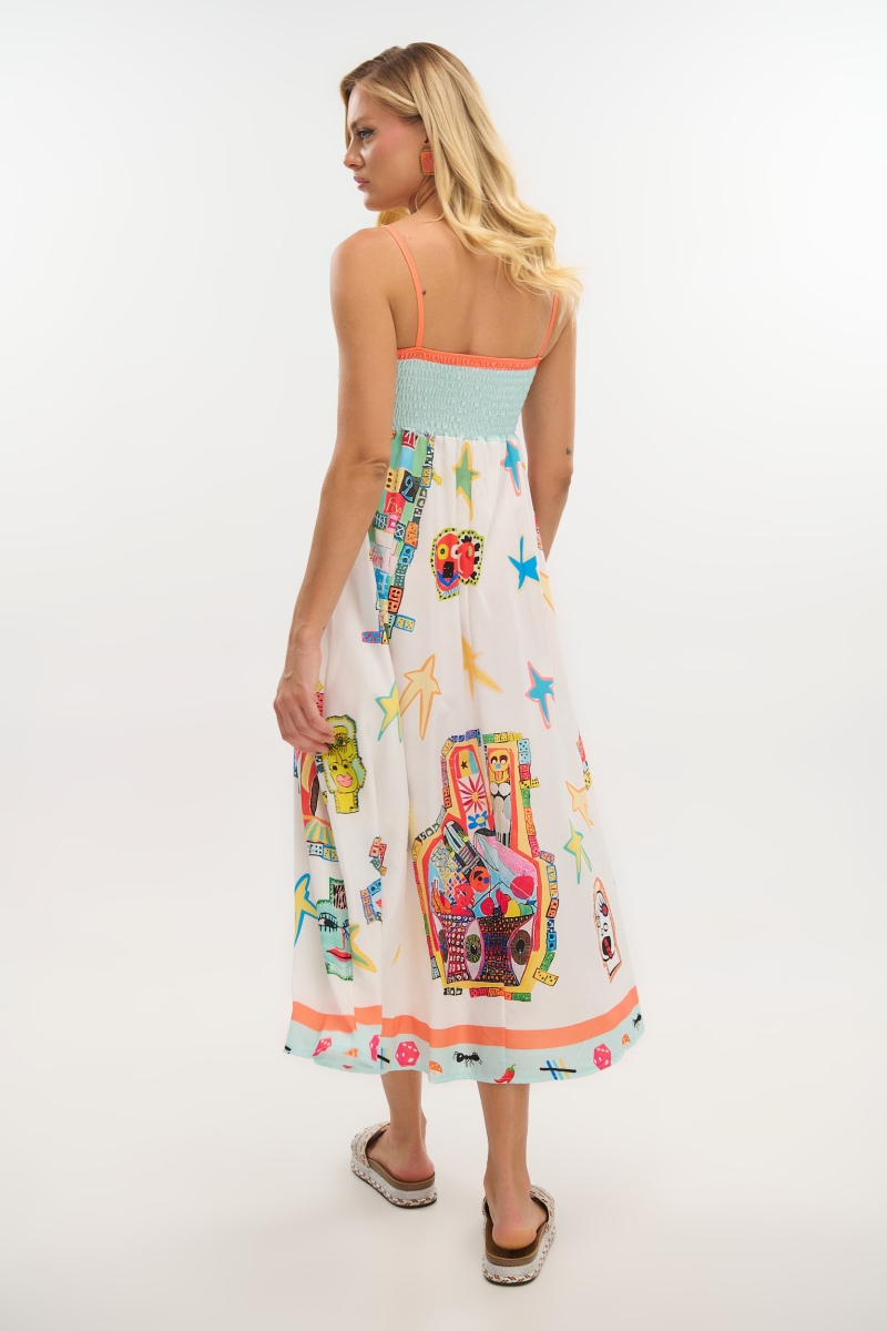 Colorful Printed Midi Dress with A-Line Skirt