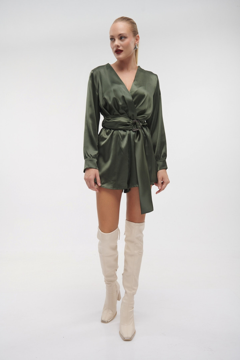 Buckled Belt Wrap Satin Playsuit