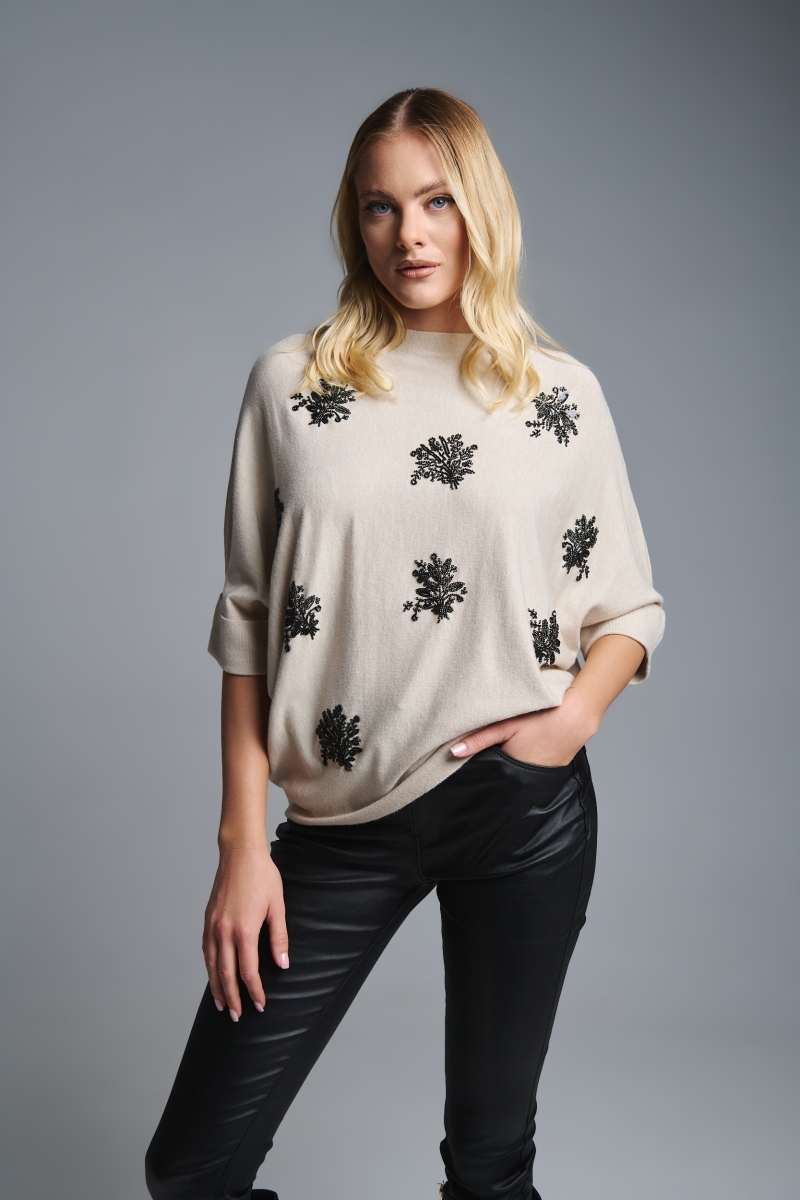 Μπλούζα Νυχτερίδα Με Χάντρες Λουλούδια