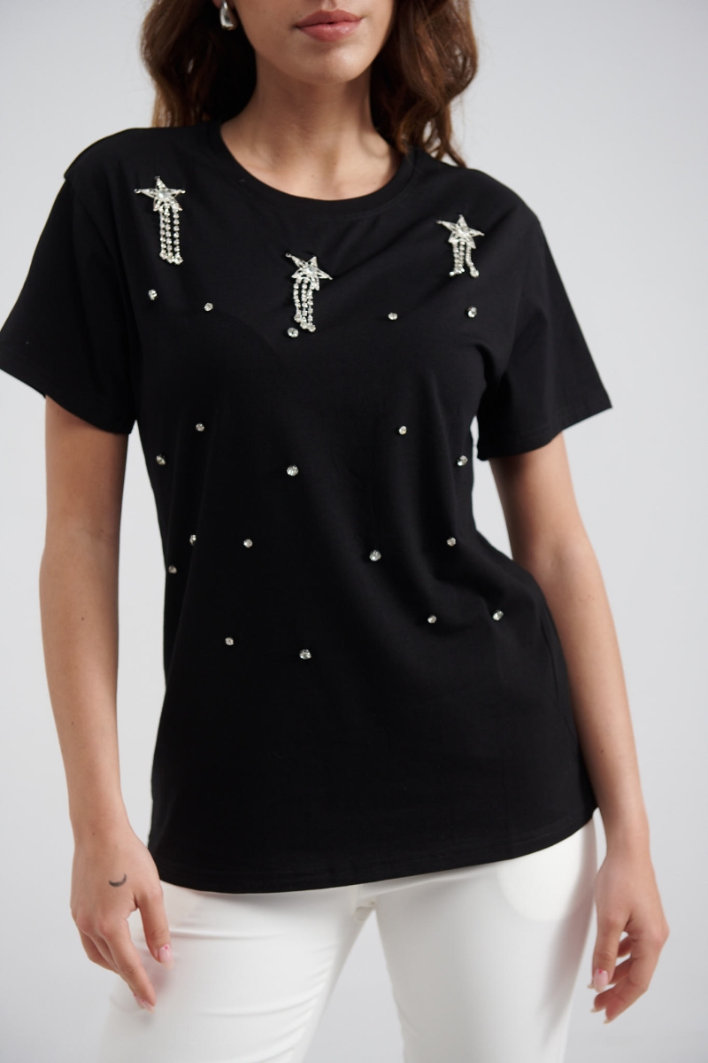 T-Shirt Με Κρεμαστά Στρασένια Αστέρια