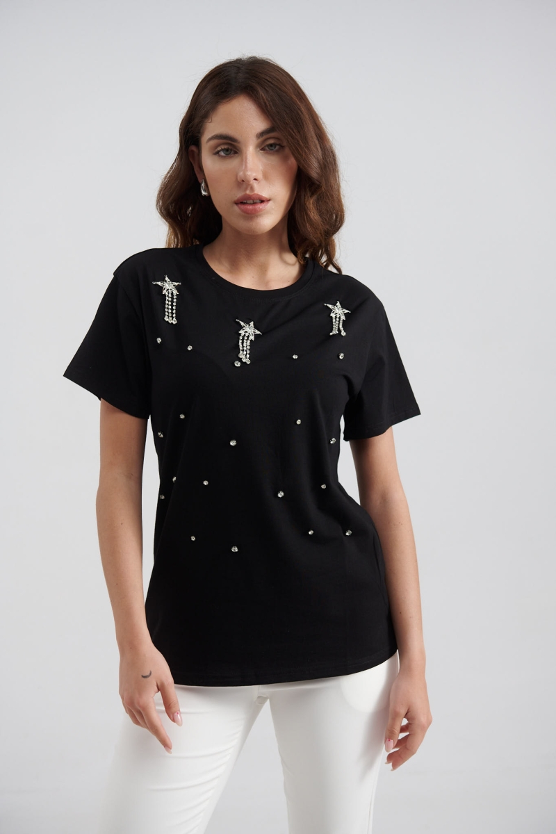 T-Shirt Με Κρεμαστά Στρασένια Αστέρια