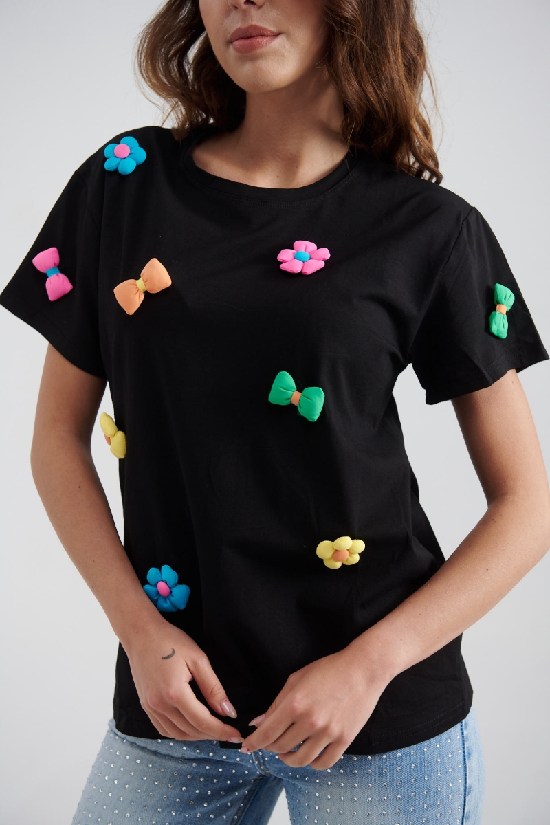 T-Shirt Με 3D Λουλούδια