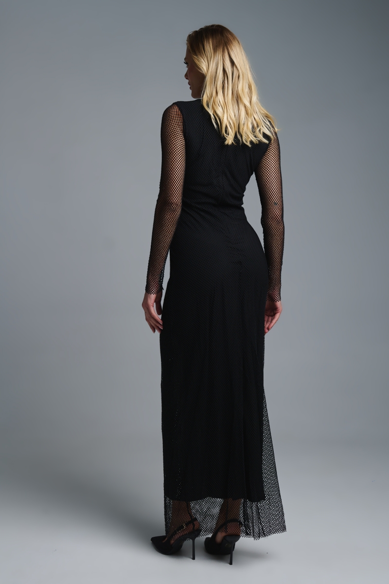 Φόρεμα Μάξι Μακρυμάνικο Δίχτυ Με Στρας