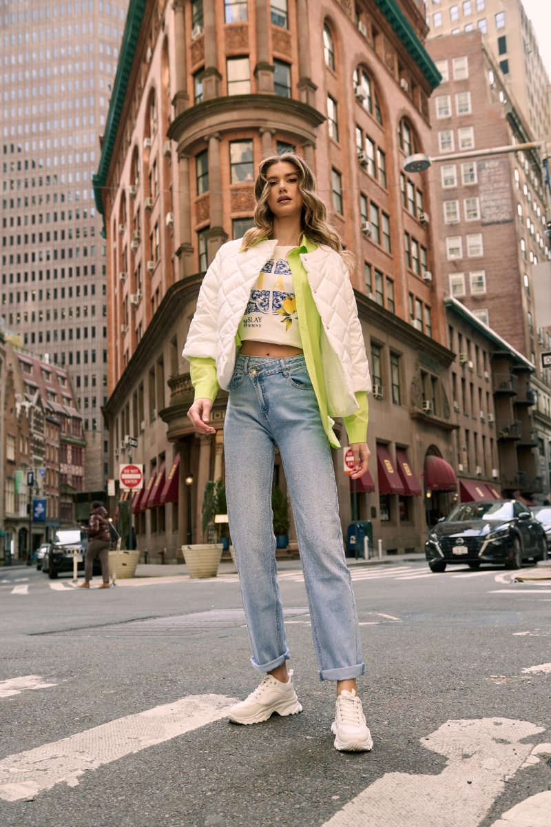 Straight Jeans With Rhinestones And Button