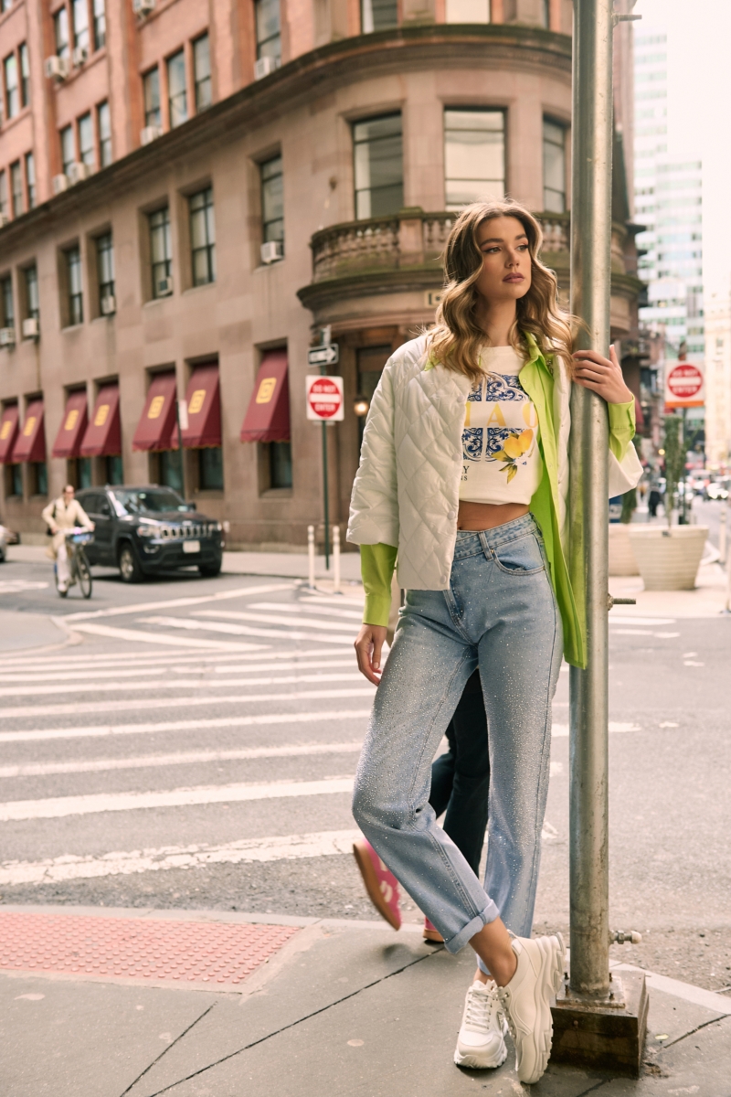 Straight Jeans With Rhinestones And Button
