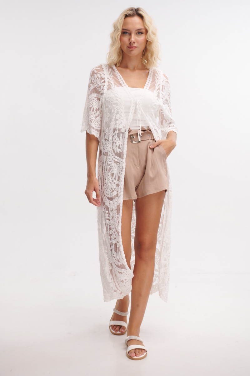 Embroidered Branch Tulle Long Kimono