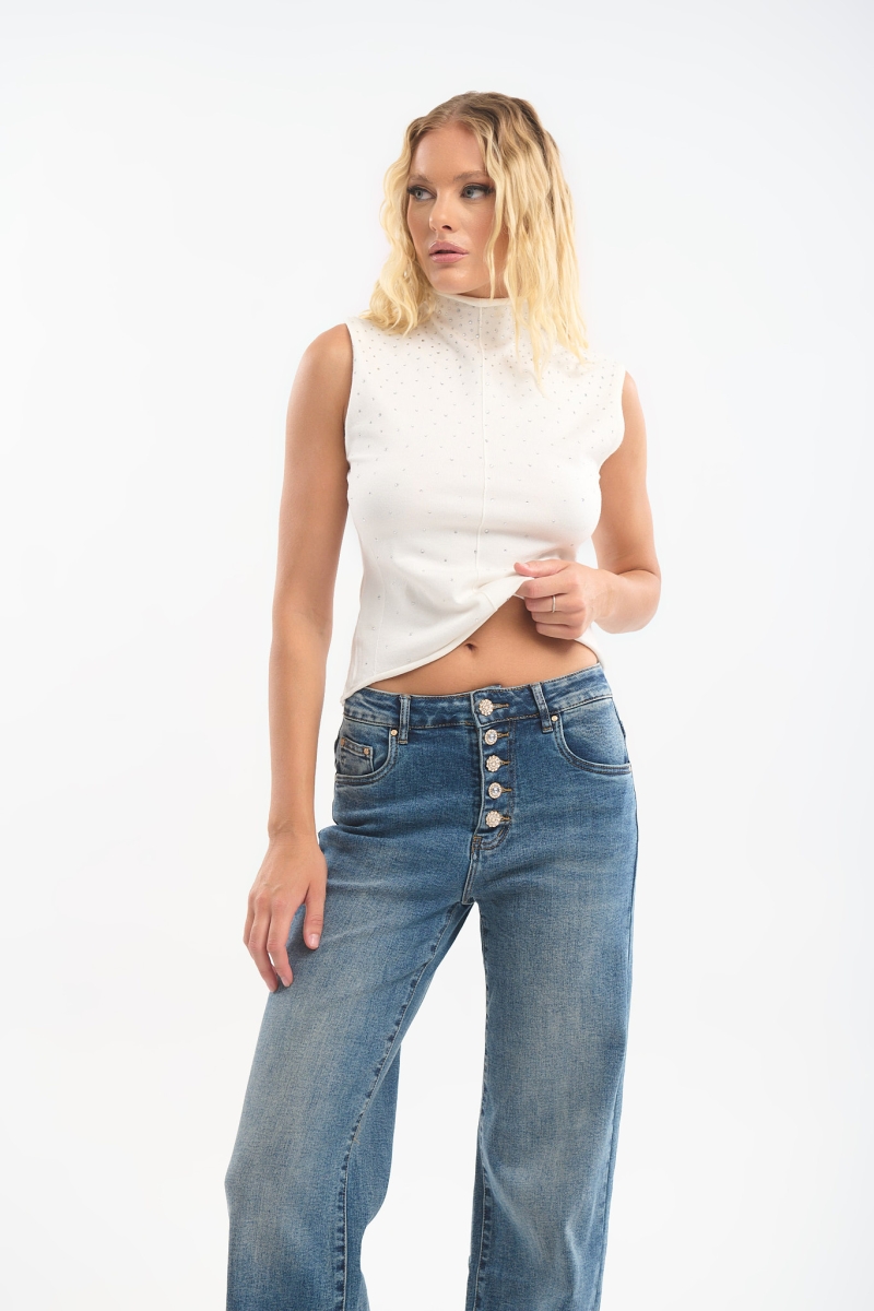 Knitted Top with Rhinestones & Collar