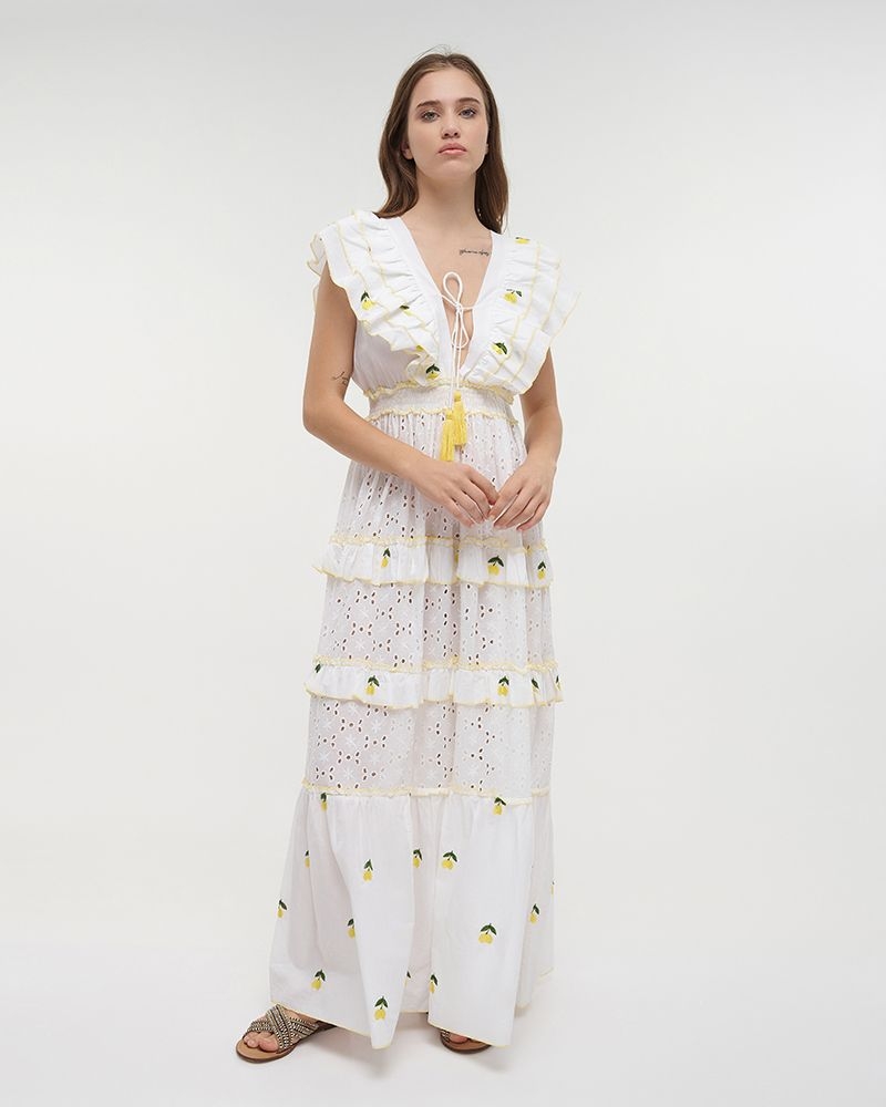Ble Embroidered Long Lemon Dress with Ruffles