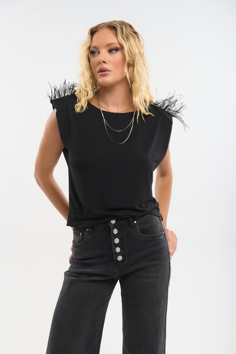 Kelly’s Feather-Trim Shoulder T-Shirt