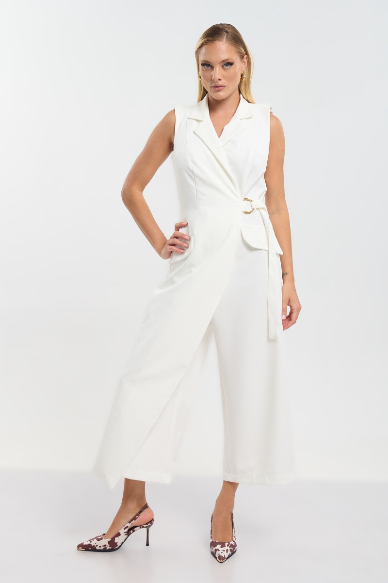 Kelly’s Sleeveless Wrap Jumpsuit with Side Tie & Gold Buckle