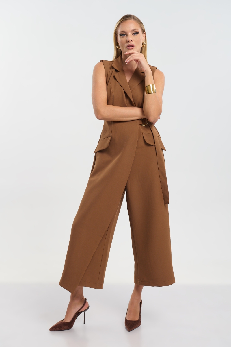 Kelly’s Sleeveless Wrap Jumpsuit with Side Tie & Gold Buckle