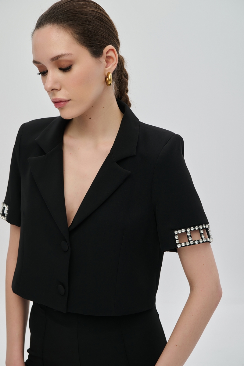 De Javu Short Jacket with Laser Cut Design and Rhinestones