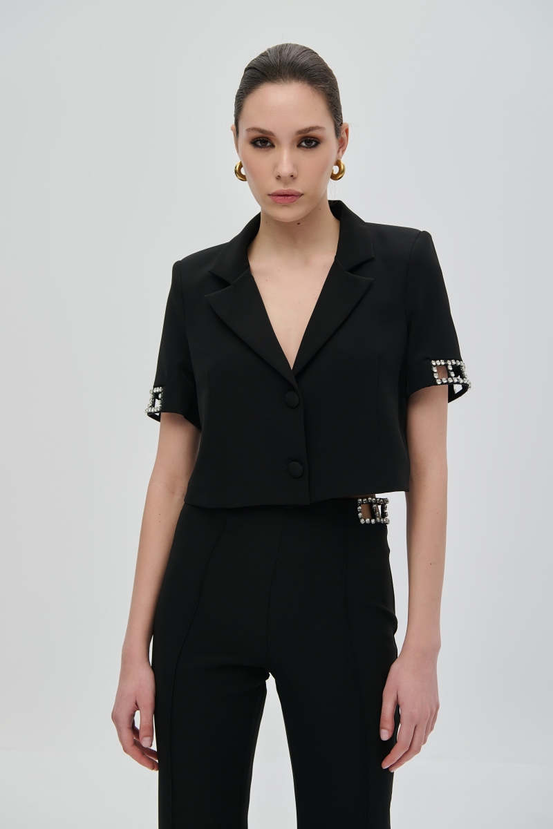 De Javu Short Jacket with Laser Cut Design and Rhinestones