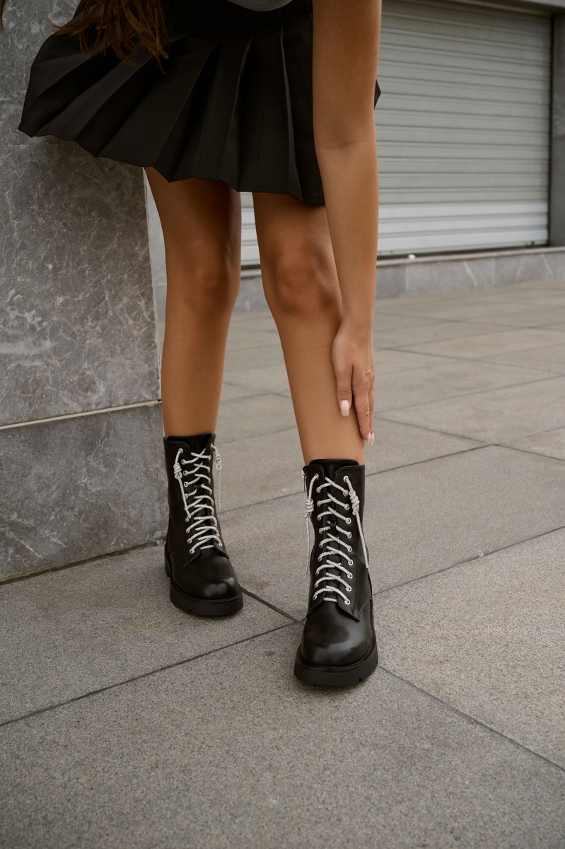 Rhinestoned Straps & Shoelace Combat Boots