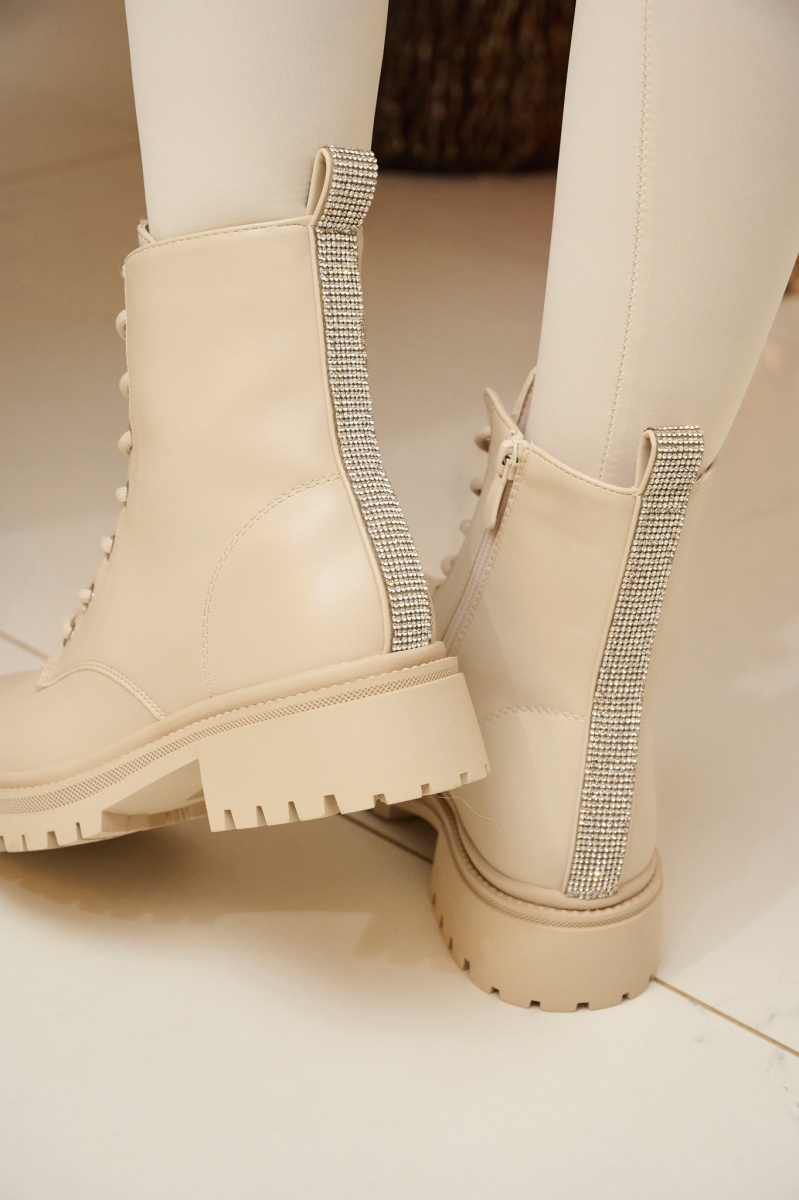 Rhinestoned Back Stripe PU Combat Boots