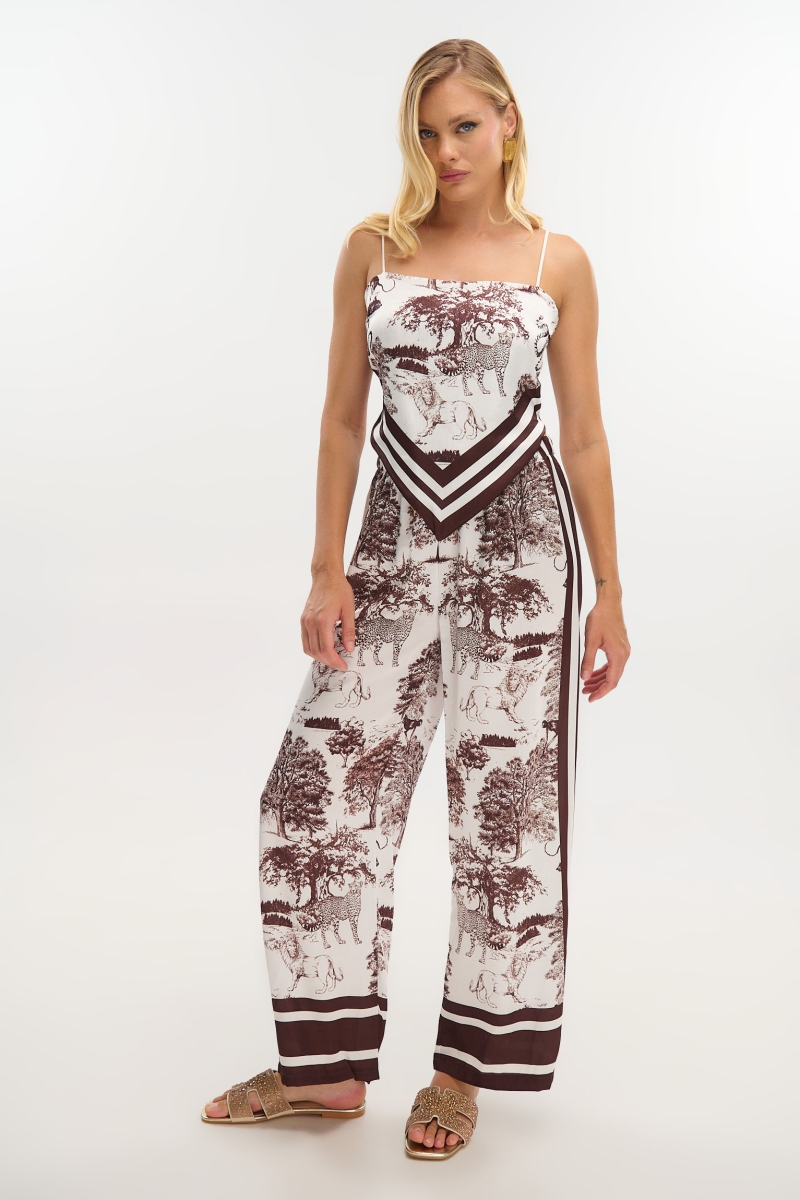 Satin Tiger-Print Scarf Top & Pants Set