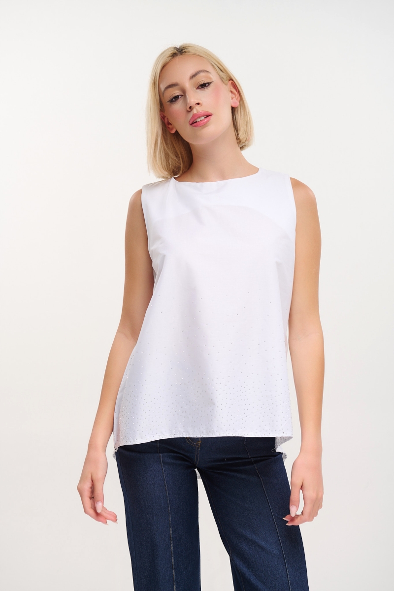 Asymmetric Sleeveless Top with Rhinestones at Hem