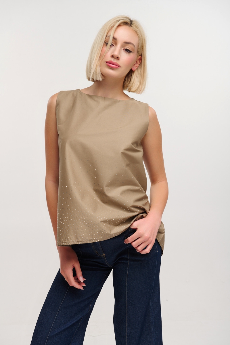 Asymmetric Sleeveless Top with Rhinestones at Hem