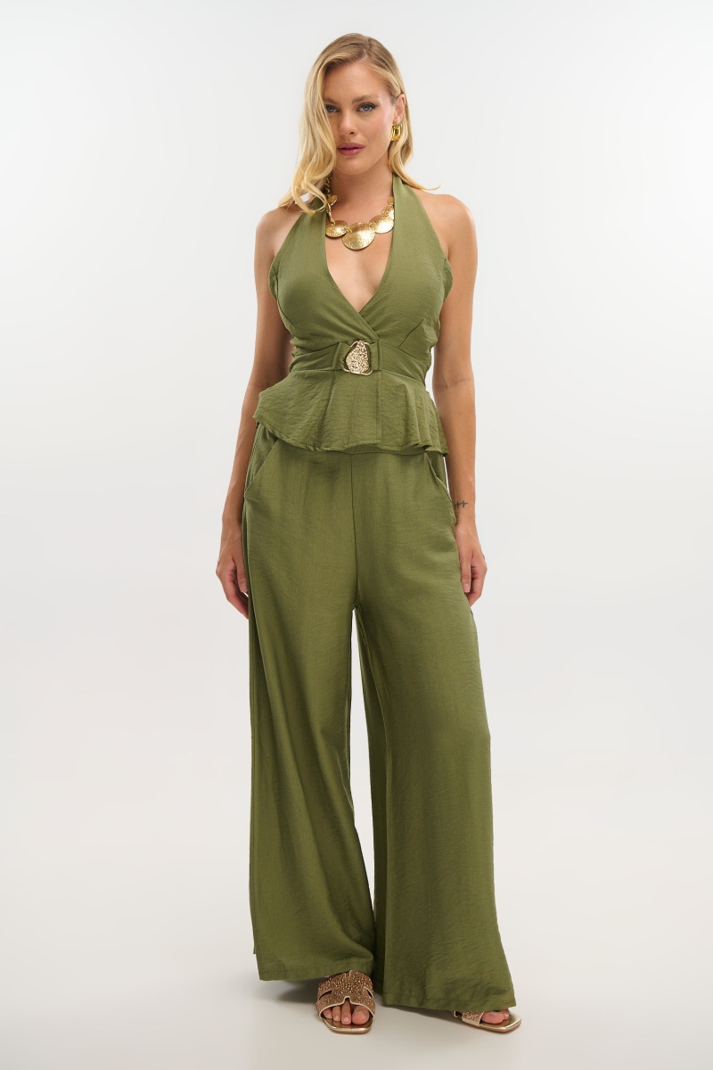 Off-Shoulder Top with Gold Clasp & Pants Set