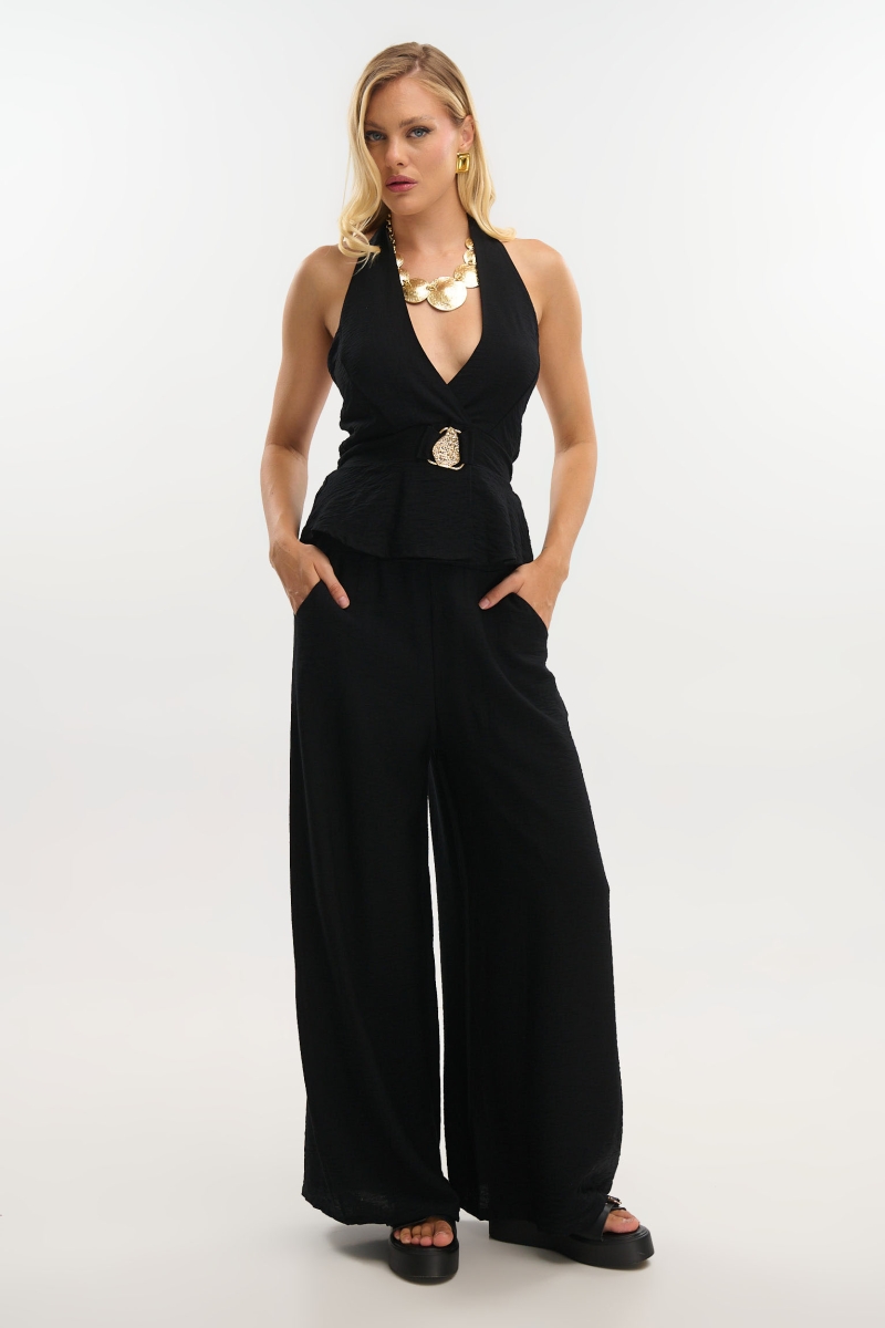 Off-Shoulder Top with Gold Clasp & Pants Set