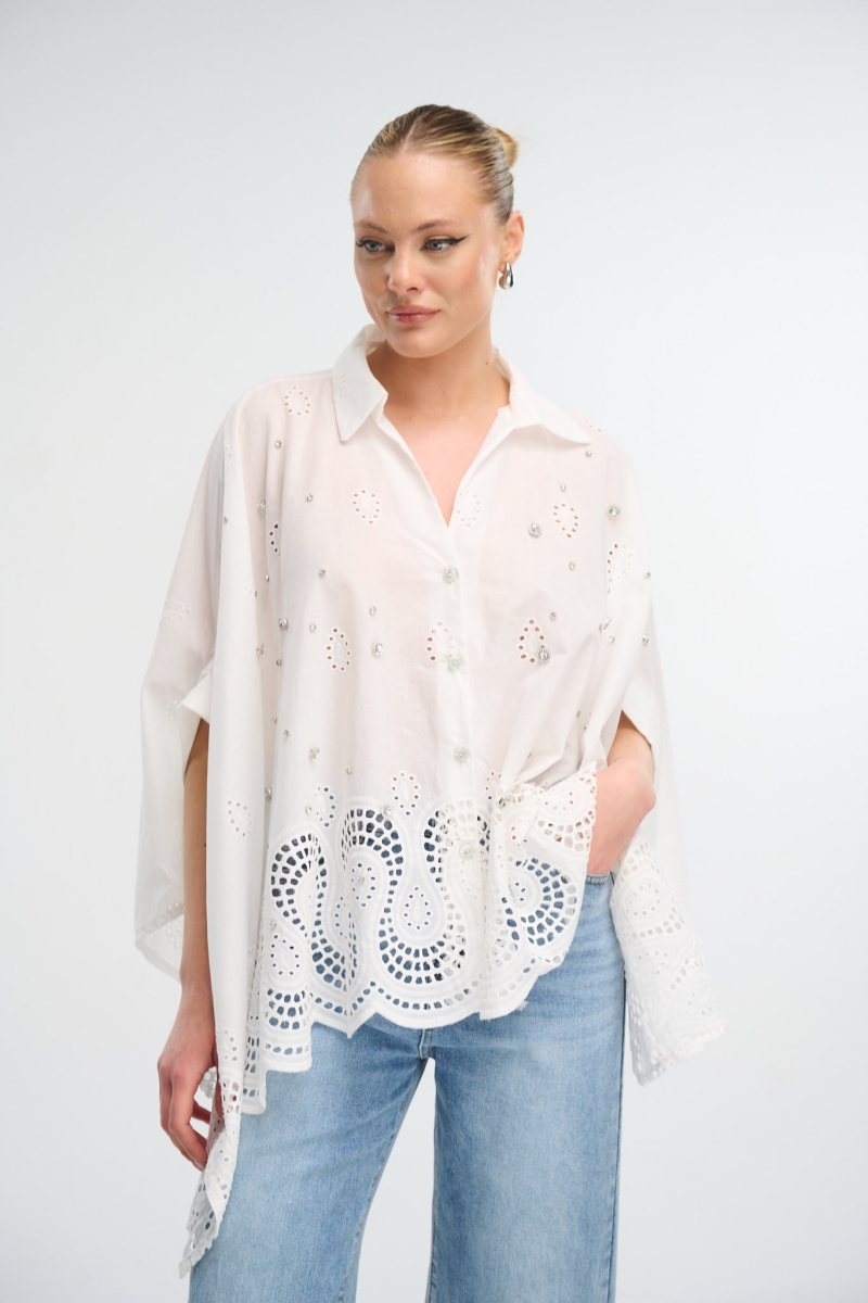 Rhinestoned Embroidery Shirt