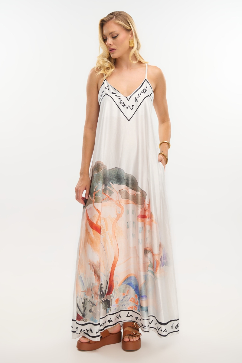 Satin Maxi Dress with Island Print