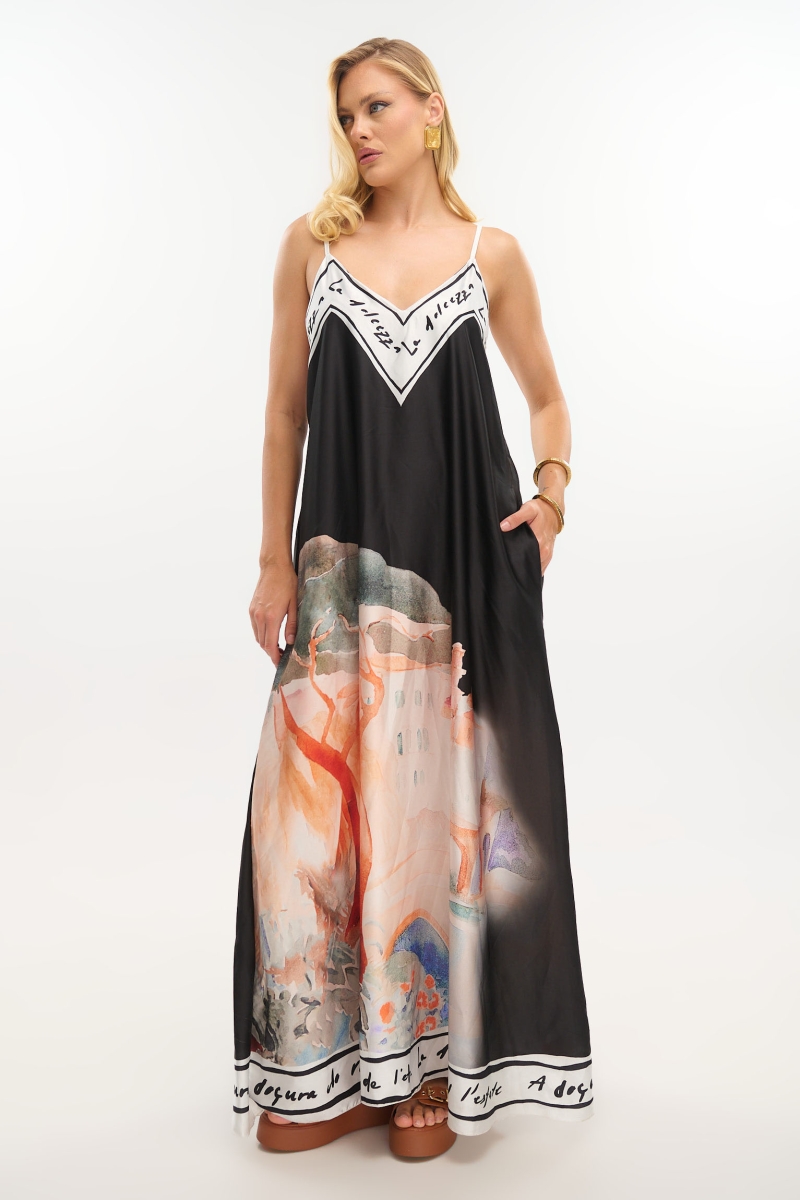 Satin Maxi Dress with Island Print