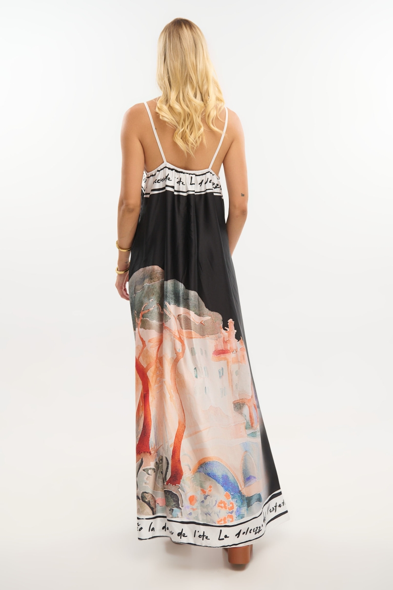 Satin Maxi Dress with Island Print