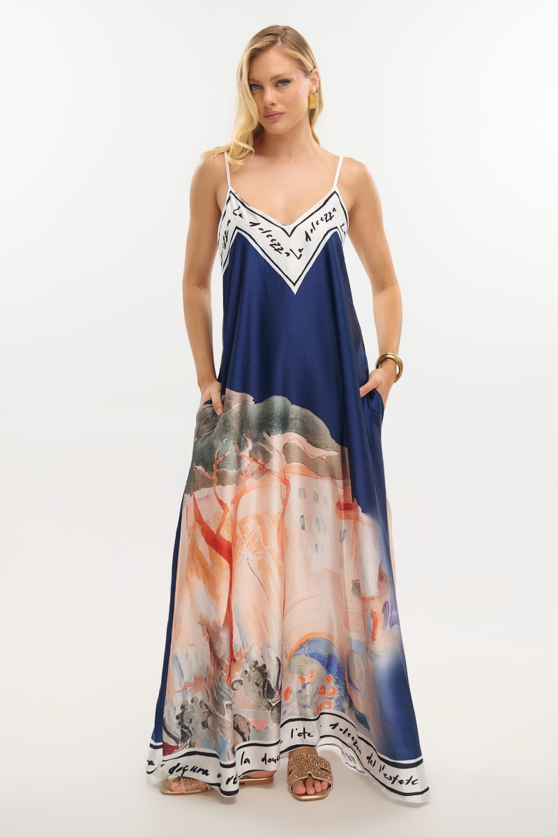 Satin Maxi Dress with Island Print