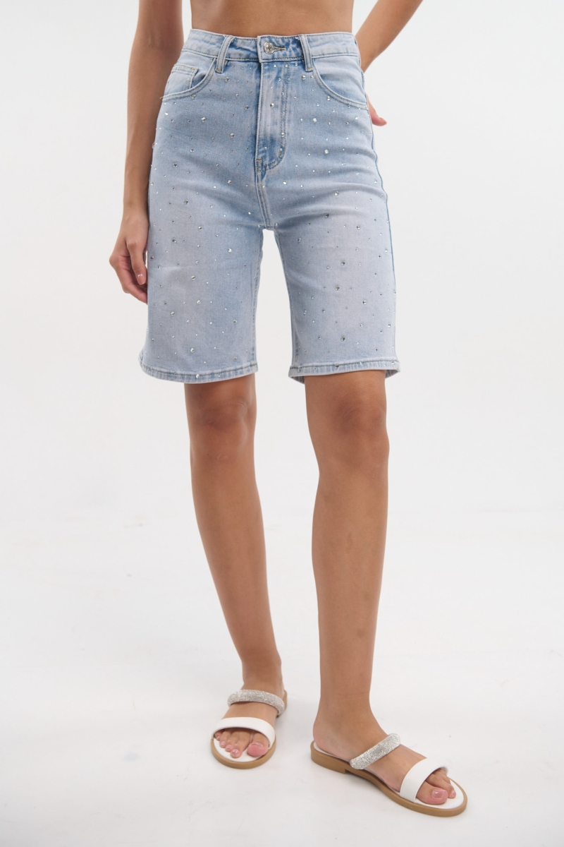 Rhinestoned Jeans Bermuda Shorts