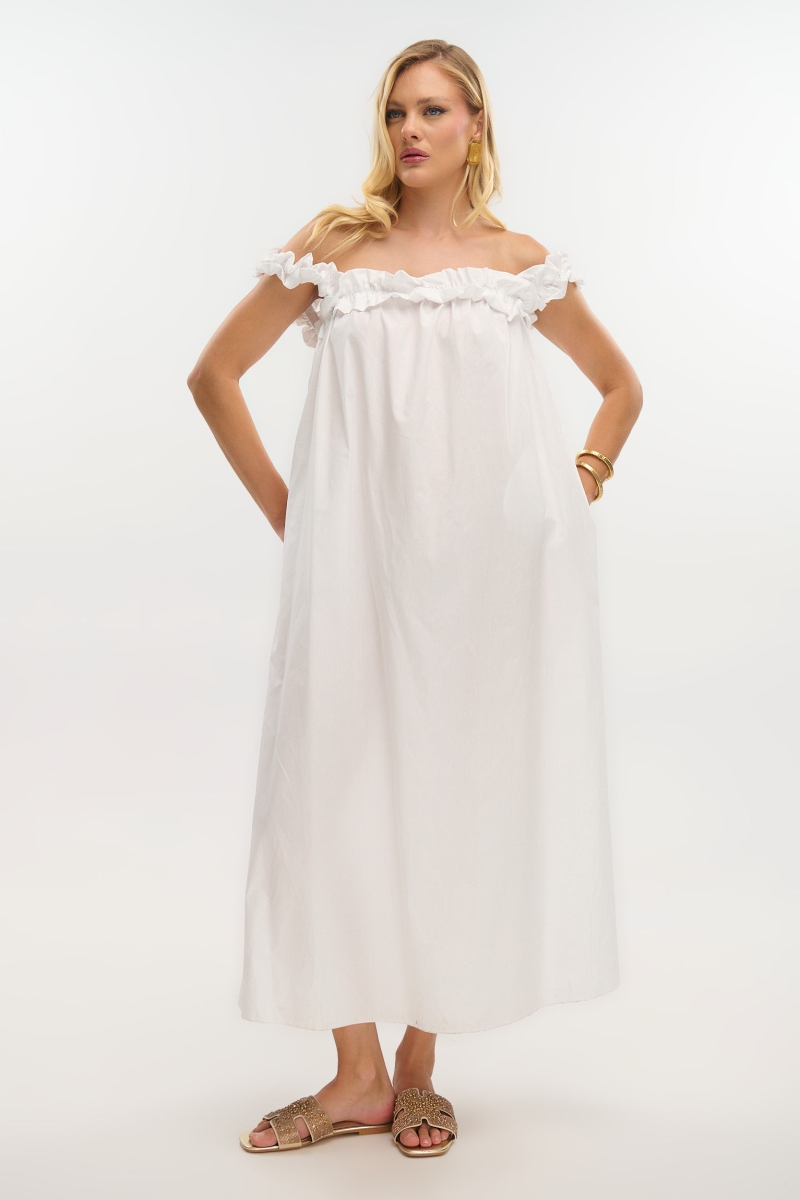 Maxi Poplin Dress with Gathered Straps