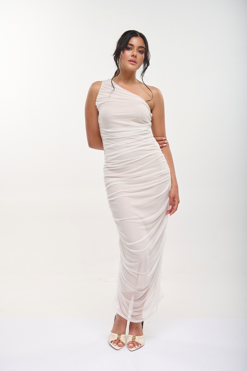 One-shoulder Ruched Tulle Maxi Dress