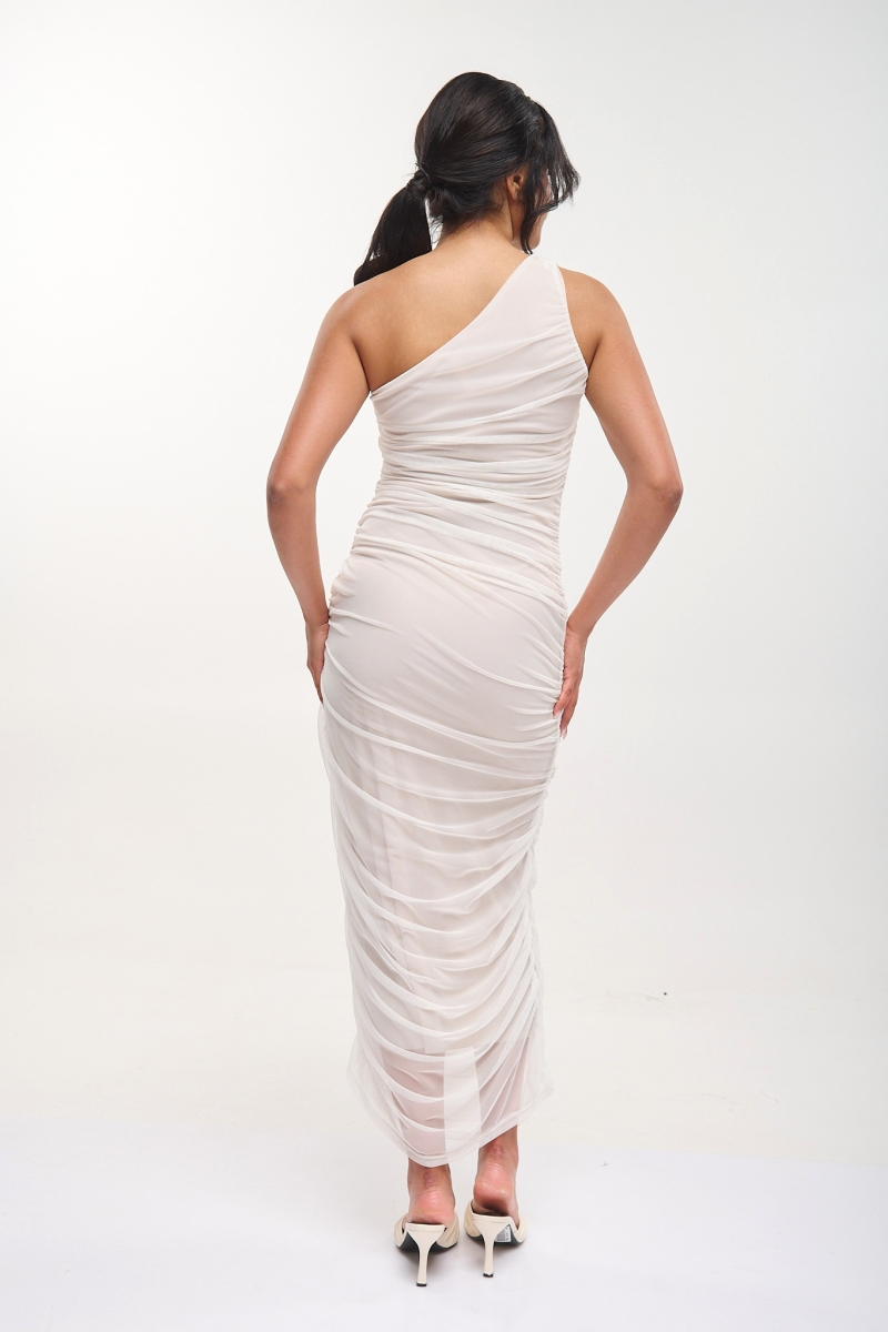 One-shoulder Ruched Tulle Maxi Dress