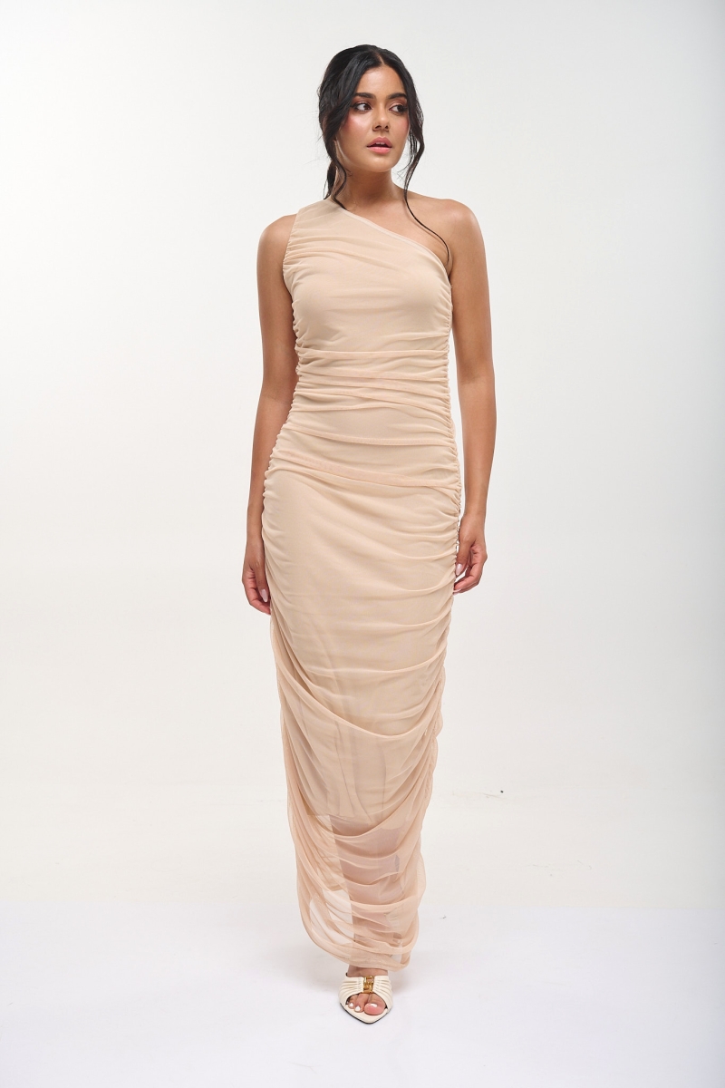 One-shoulder Ruched Tulle Maxi Dress