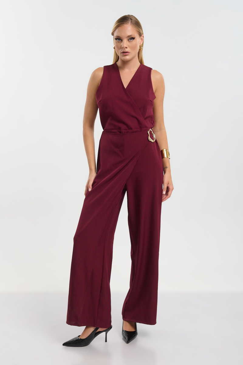 Sleeveless Wrap Jumpsuit with Side Tie & Gold Buckle