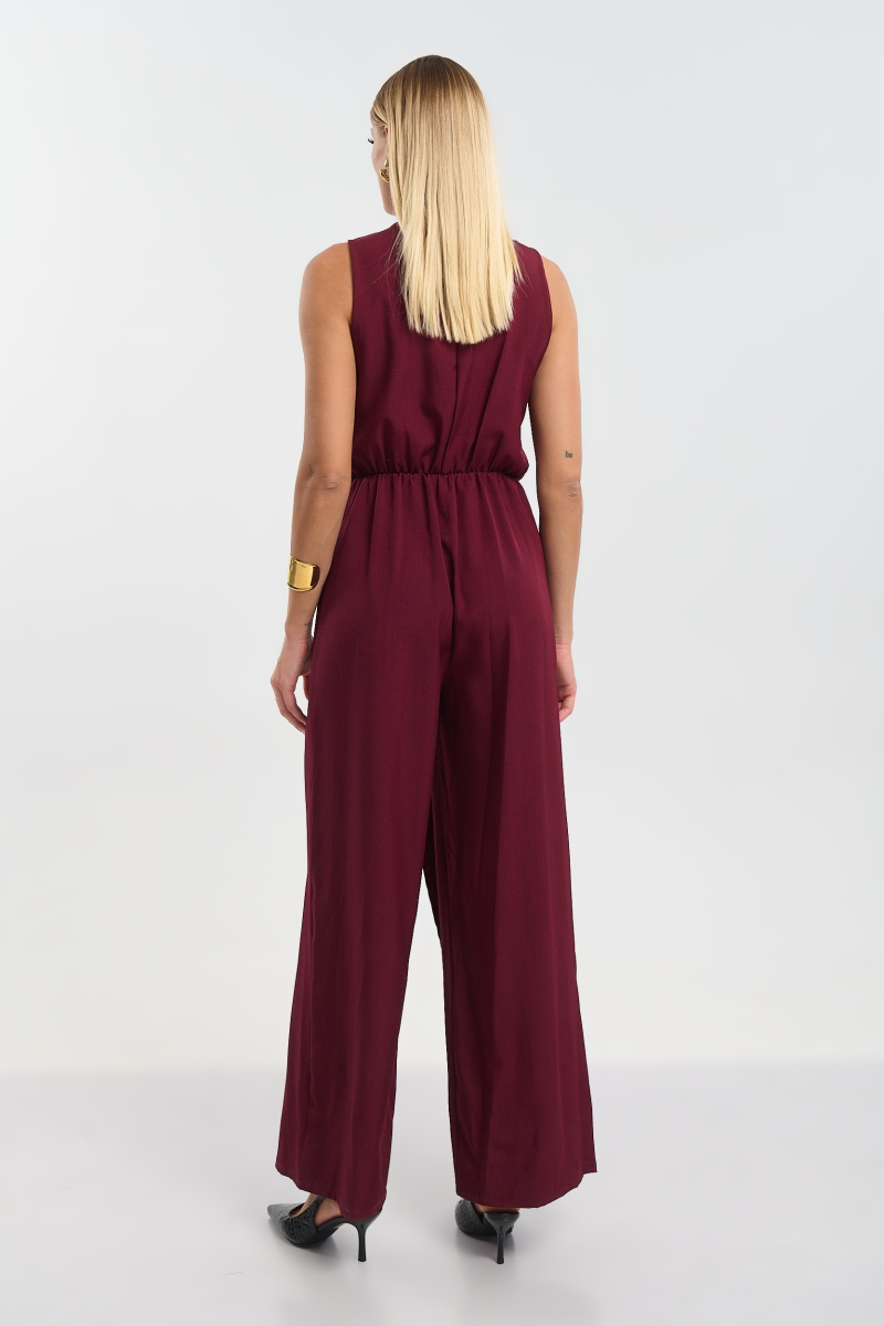 Sleeveless Wrap Jumpsuit with Side Tie & Gold Buckle