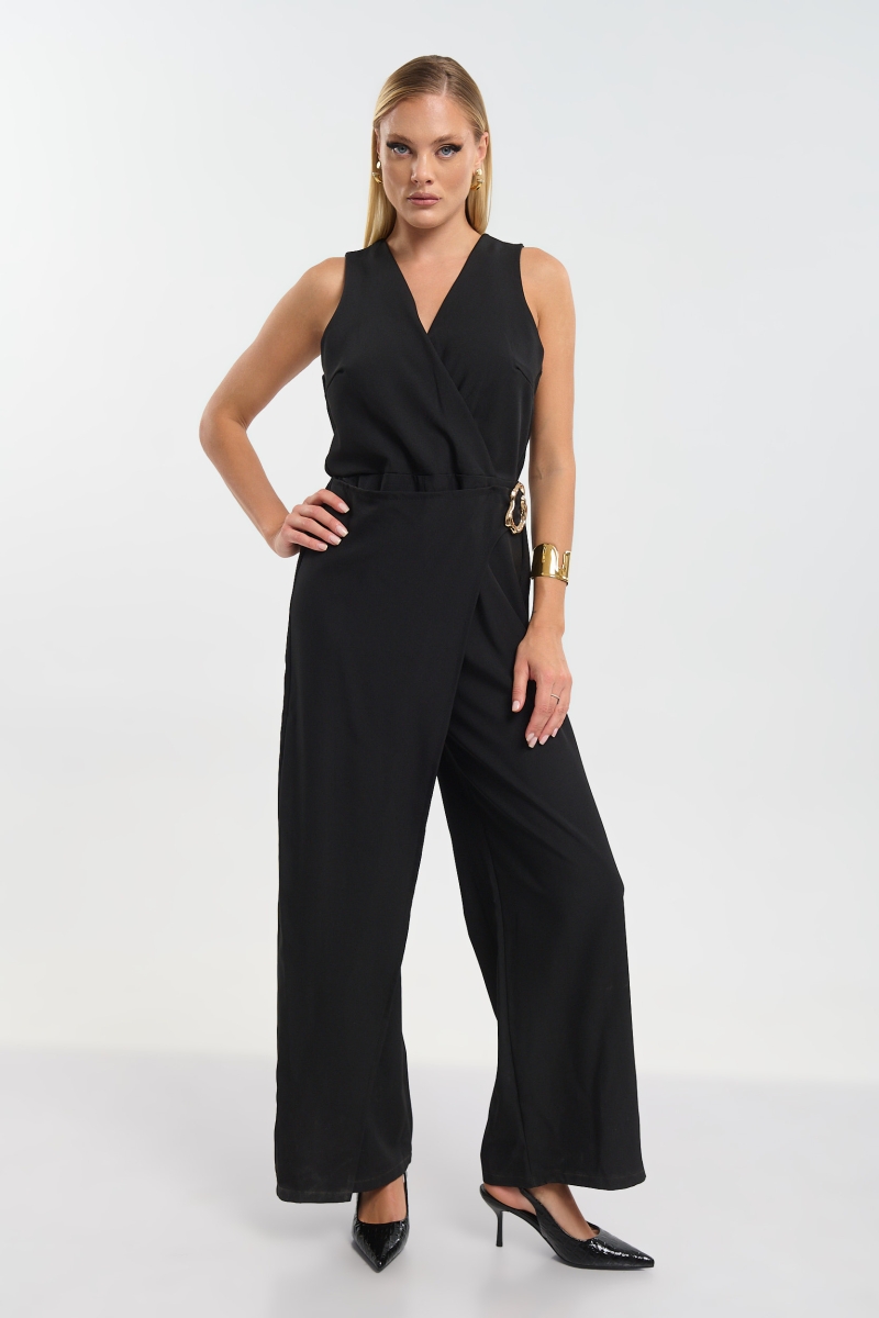 Sleeveless Wrap Jumpsuit with Side Tie & Gold Buckle