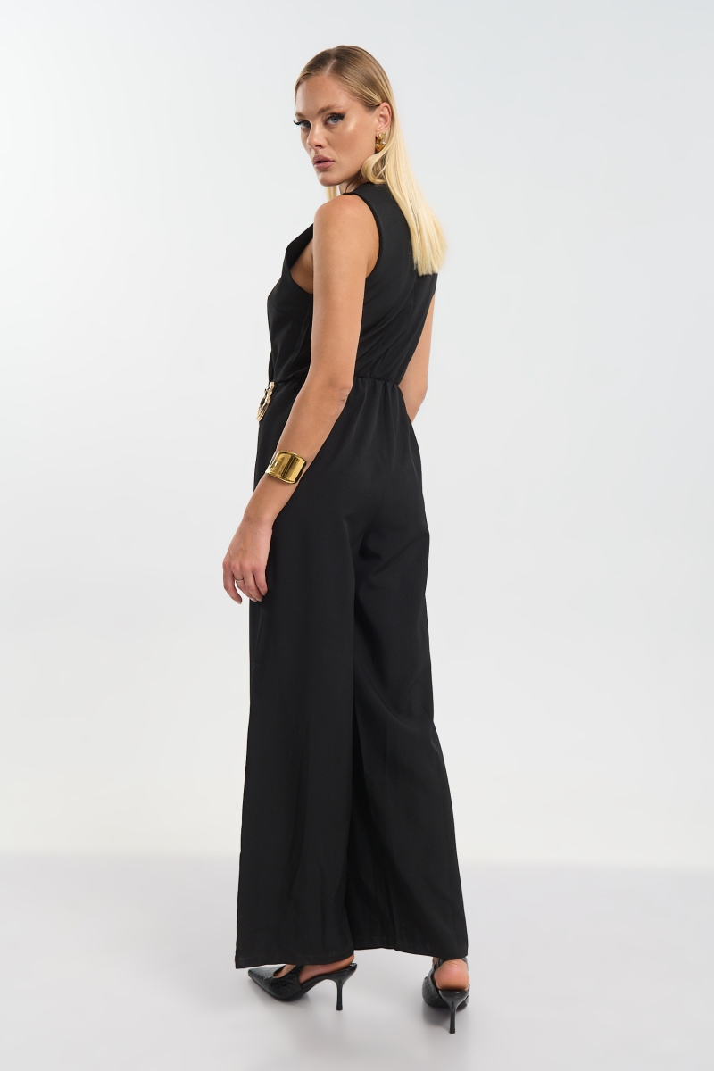 Sleeveless Wrap Jumpsuit with Side Tie & Gold Buckle