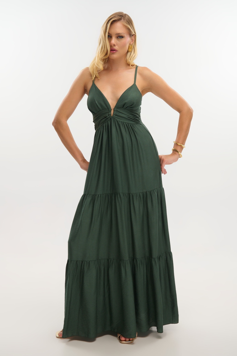 Maxi Flared Dress with Straps & Metal Detail