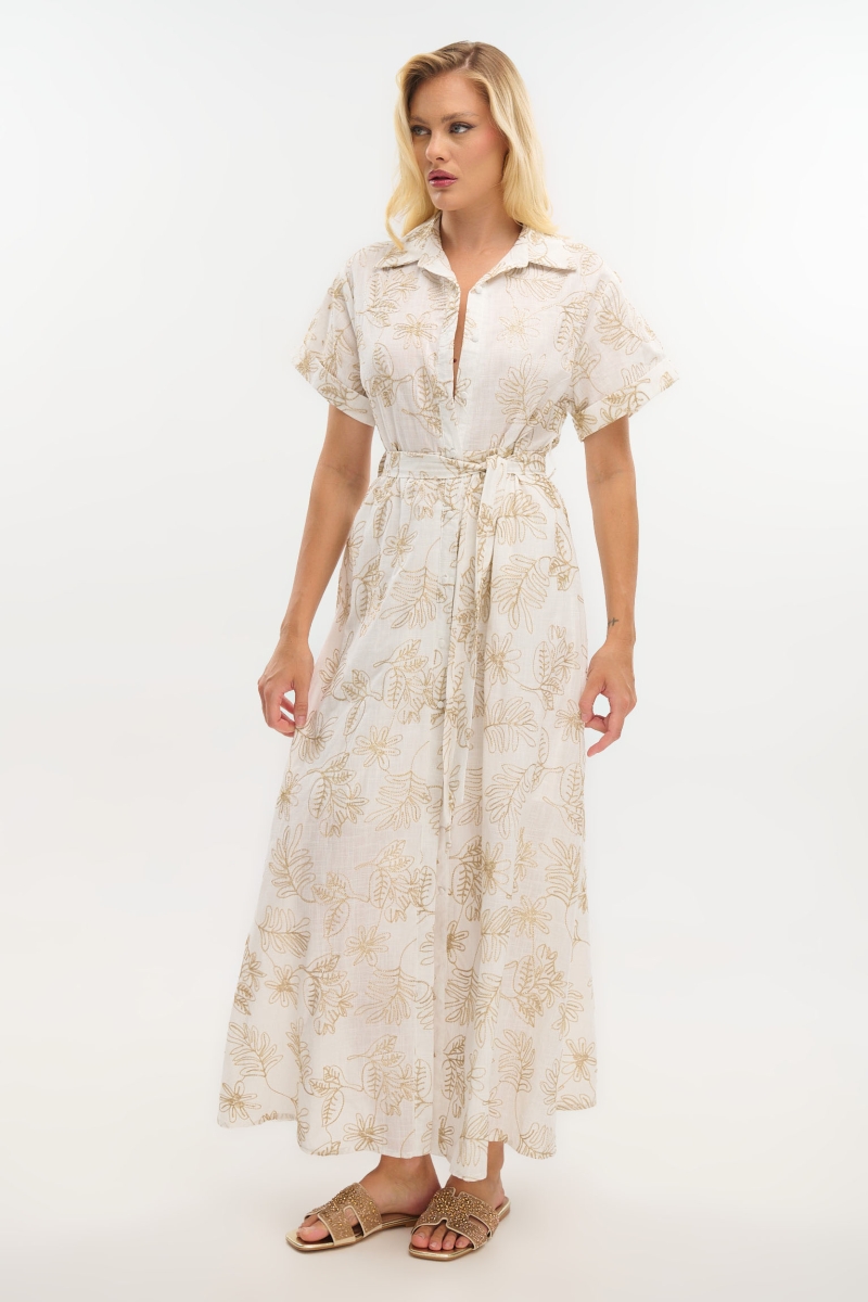 Maxi Shirt Dress with Short Sleeves and Gold Prints