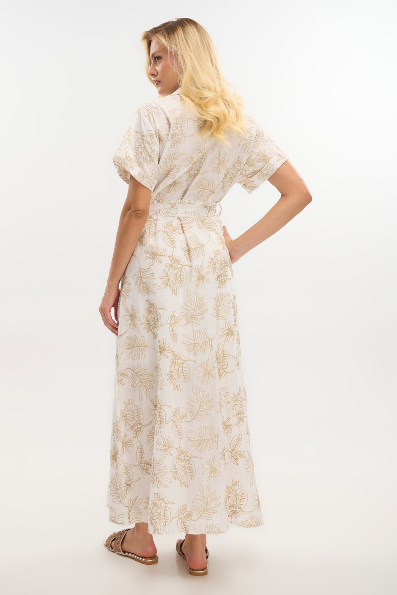 Maxi Shirt Dress with Short Sleeves and Gold Prints