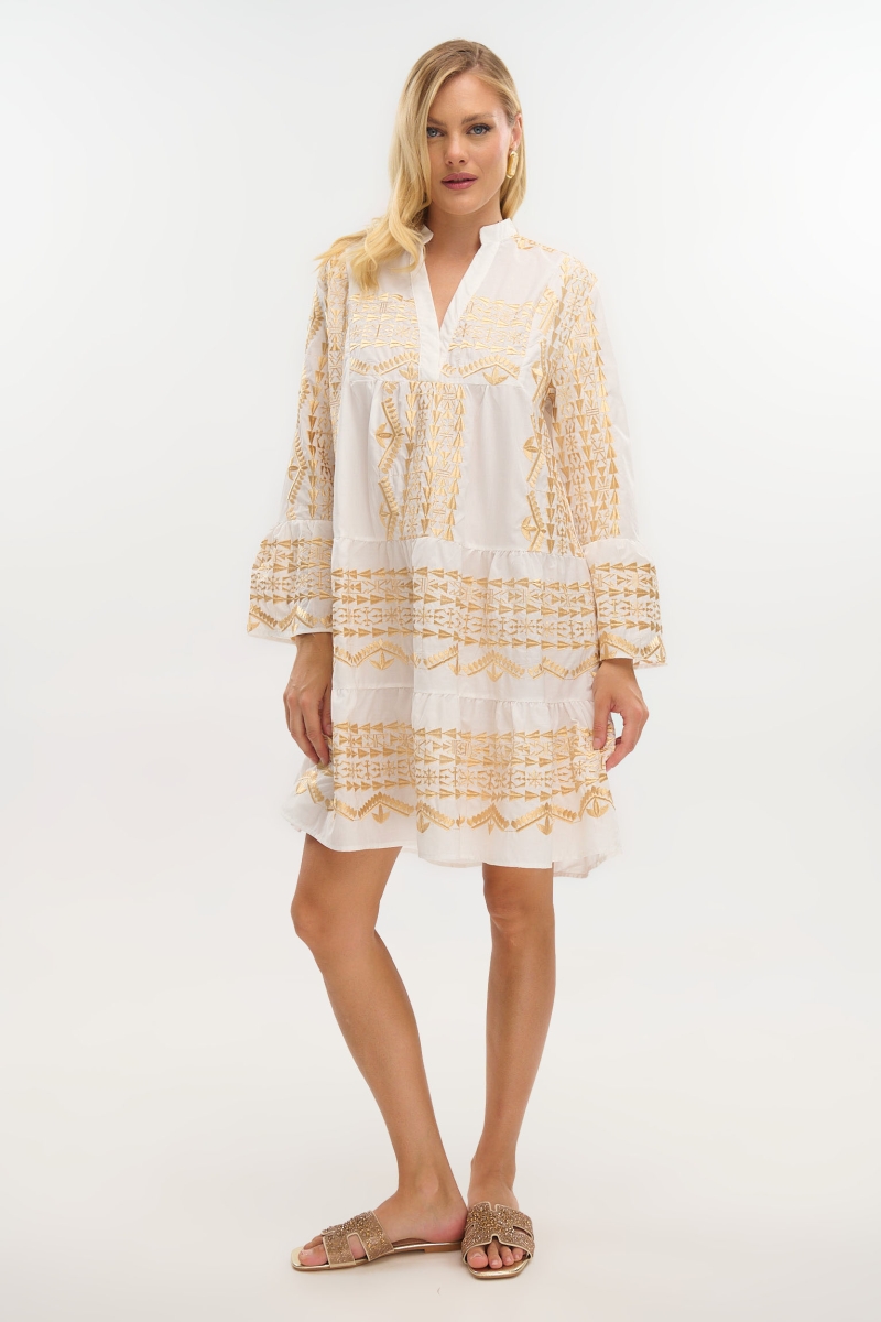Dress with Mao Collar, 3/4 Sleeves & Gold Details